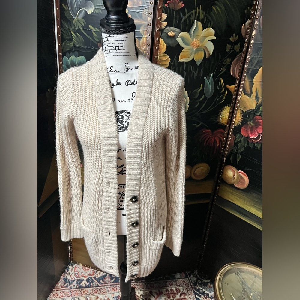 Lara Knit Women's Beige Cardigan Sweater with tan elbow patch